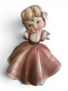 Vintage Lefton Bisque Figurine Girl Secret Flower Bouquet KW8453 Red Foil Label